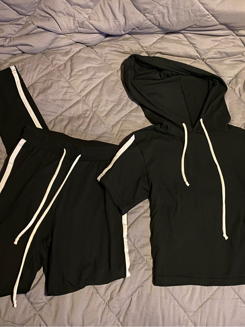 Fashion Nova Black Short Sleeve Hooded Set with White Trim tennis court set